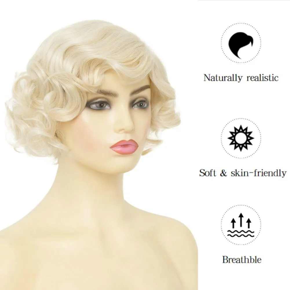 Short Blonde Finger Wave Wig for Women 1920s Curly Synthetic Flapper Wig Heat Resistant Side Part Vintage Cosplay Costume Hair Wigs