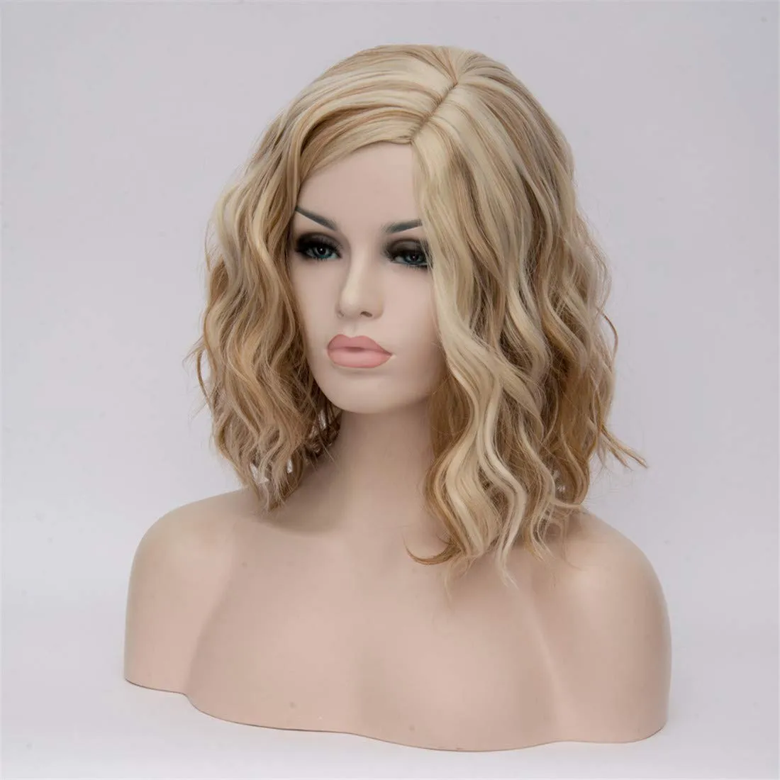 Short Bob Wavy Curly Wig Brown Mixed Blonde Wig For Women Cosplay Halloween Wigs Heat Resistant Bob Party Wig Include Wig Cap (Brown Mixed Blonde)