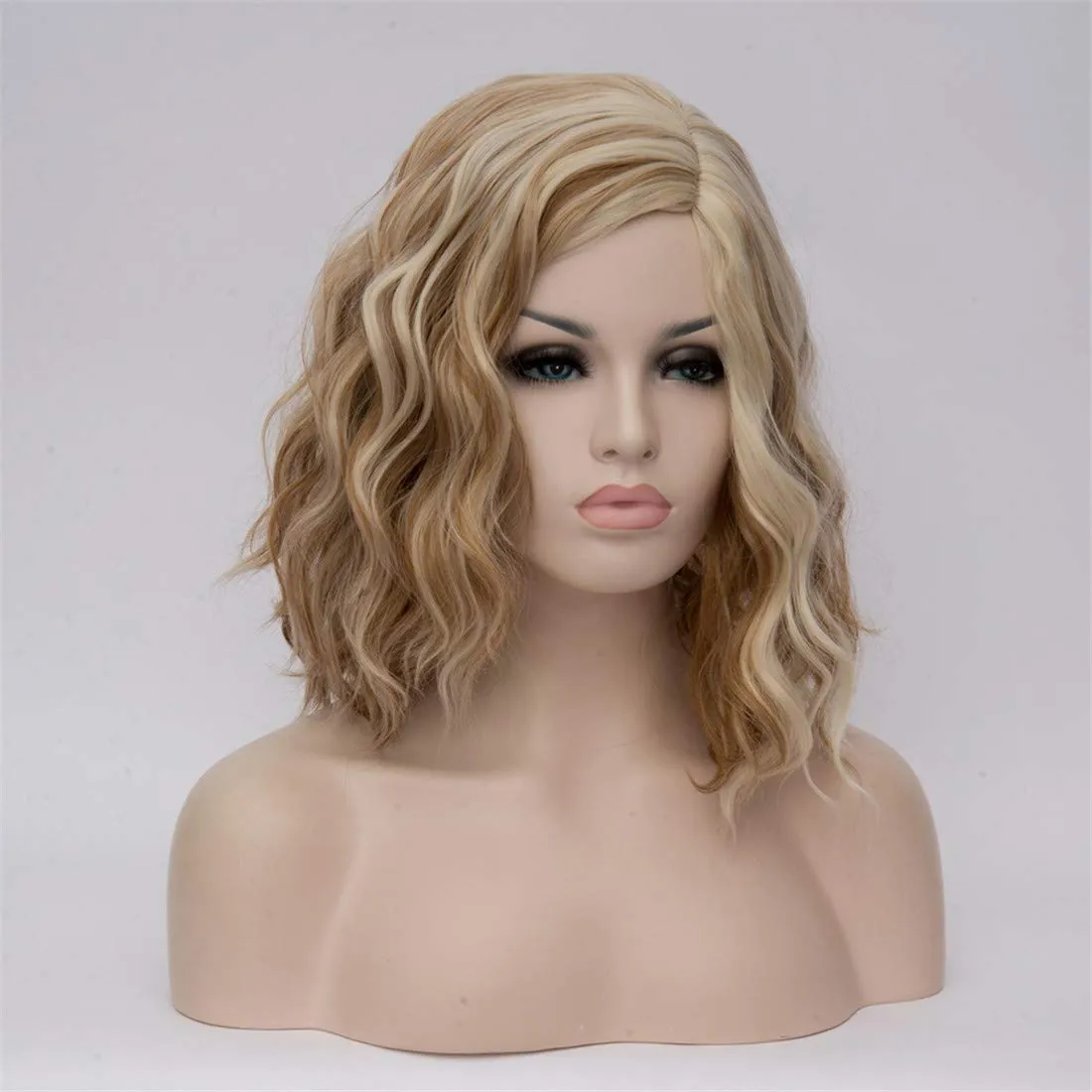 Short Bob Wavy Curly Wig Brown Mixed Blonde Wig For Women Cosplay Halloween Wigs Heat Resistant Bob Party Wig Include Wig Cap (Brown Mixed Blonde)