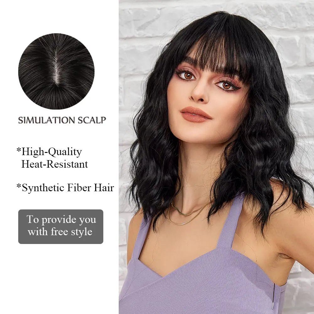 Short Wave Black Bob Wigs With Bangs Shoulder Length Wig Curly Wavy Synthetic Cosplay Wigs for Women