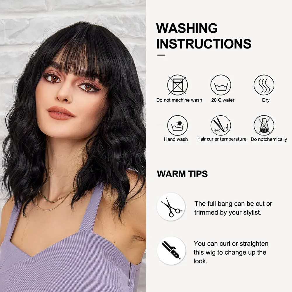 Short Wave Black Bob Wigs With Bangs Shoulder Length Wig Curly Wavy Synthetic Cosplay Wigs for Women