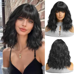 Short Wave Black Bob Wigs With Bangs Shoulder Length Wig Curly Wavy Synthetic Cosplay Wigs for Women