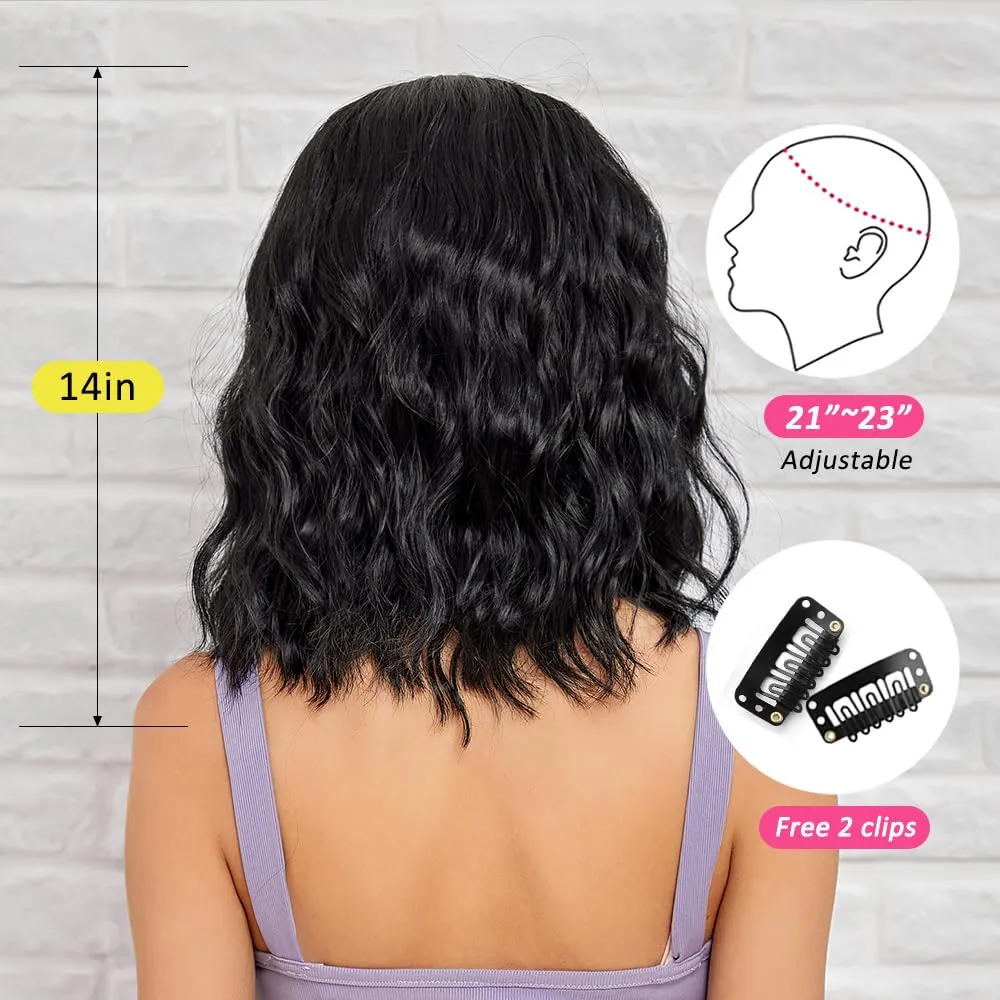 Short Wave Black Bob Wigs With Bangs Shoulder Length Wig Curly Wavy Synthetic Cosplay Wigs for Women
