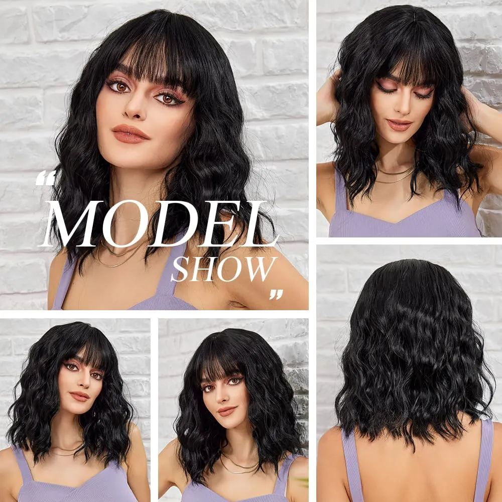 Short Wave Black Bob Wigs With Bangs Shoulder Length Wig Curly Wavy Synthetic Cosplay Wigs for Women