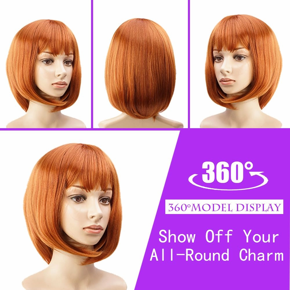 Short Auburn Bob Wig With Bangs -12 Inch Natural Fashion Bob Wigs for Women, Cute Colored Synthetic Wig for Daily Party Halloween (Auburn)