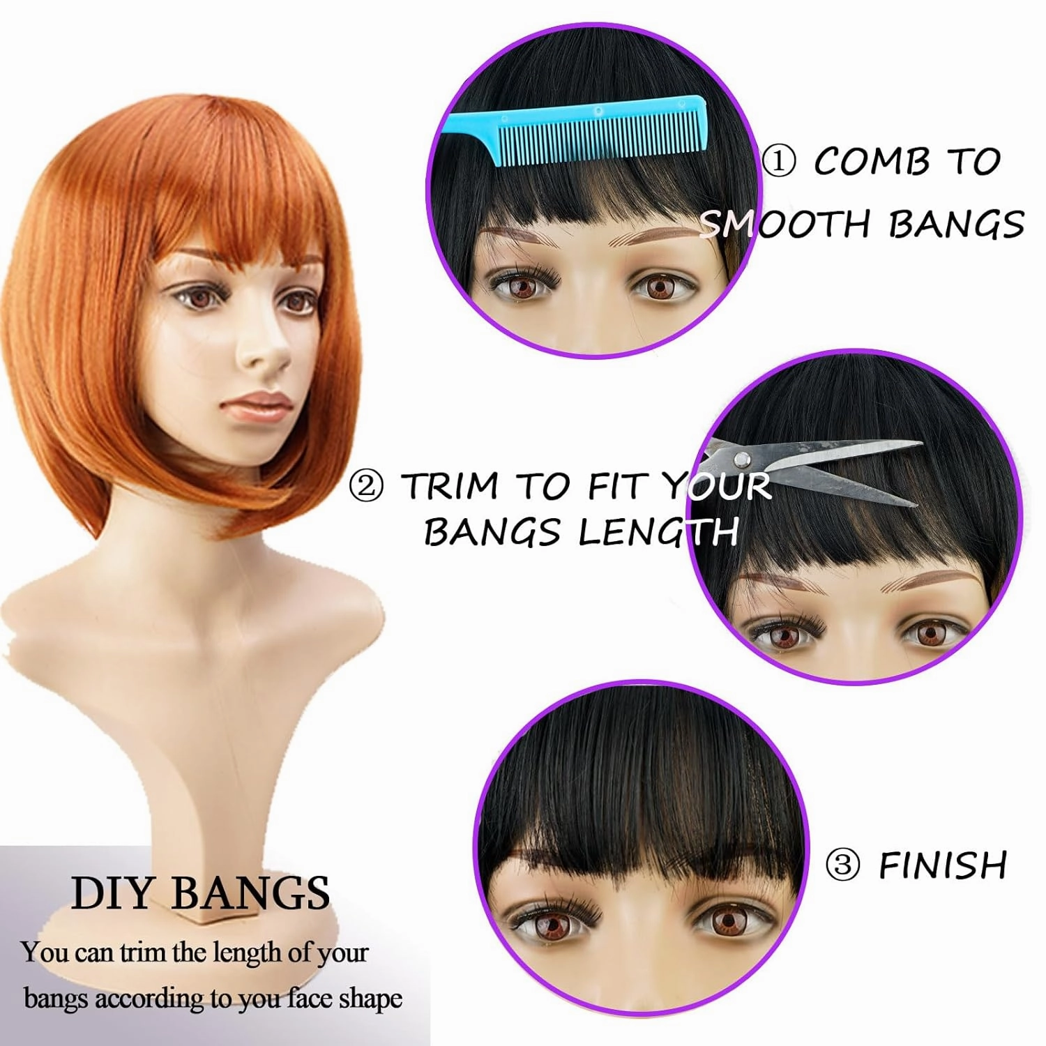 Short Auburn Bob Wig With Bangs -12 Inch Natural Fashion Bob Wigs for Women, Cute Colored Synthetic Wig for Daily Party Halloween (Auburn)