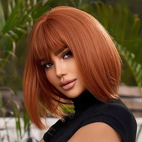 Short Auburn Bob Wig With Bangs -12 Inch Natural Fashion Bob Wigs for Women, Cute Colored Synthetic Wig for Daily Party Halloween (Auburn)