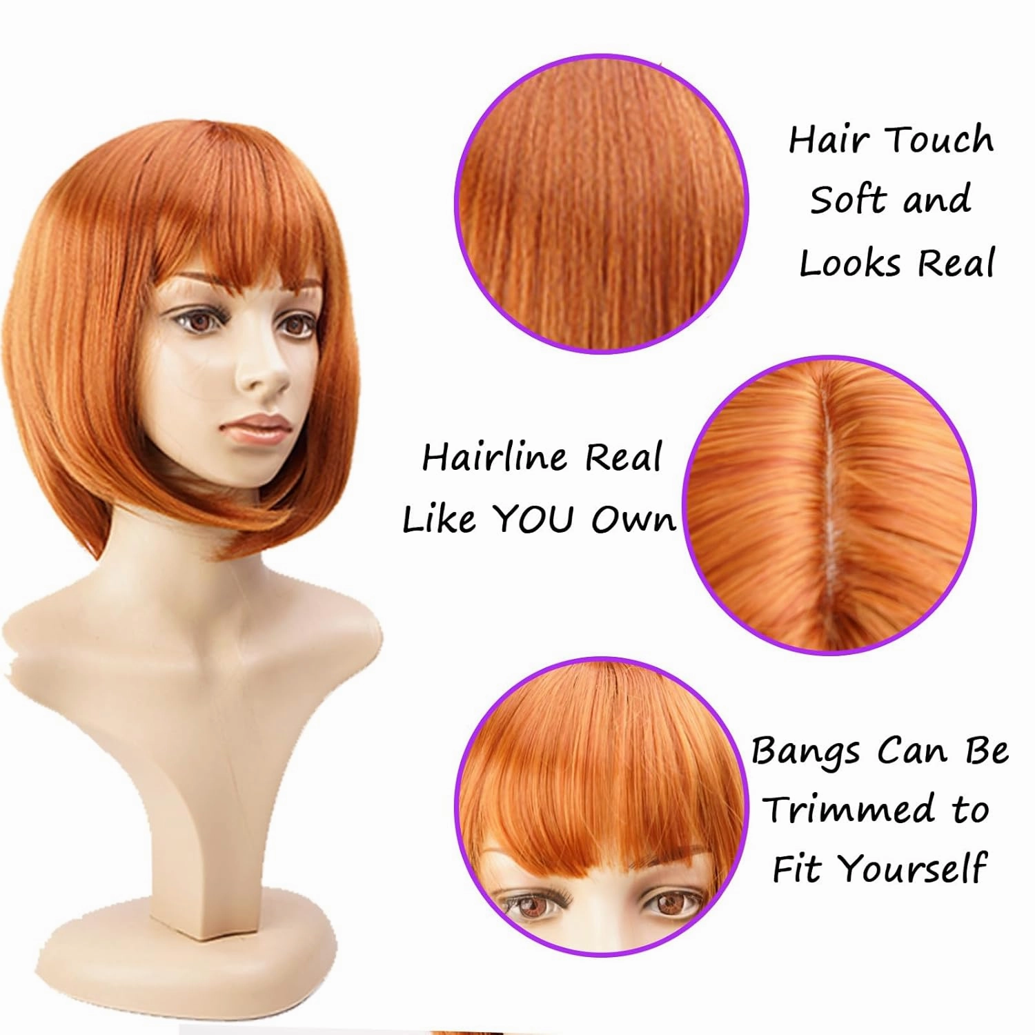 Short Auburn Bob Wig With Bangs -12 Inch Natural Fashion Bob Wigs for Women, Cute Colored Synthetic Wig for Daily Party Halloween (Auburn)