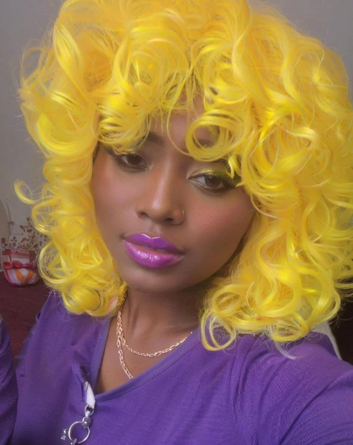 Short Curly Wigs for Black Women Soft Black Big Curly Wig with Bangs Afro Kinky Curls Heat Resistant Natural Looking Synthetic Wig for African American Women (Yellow)