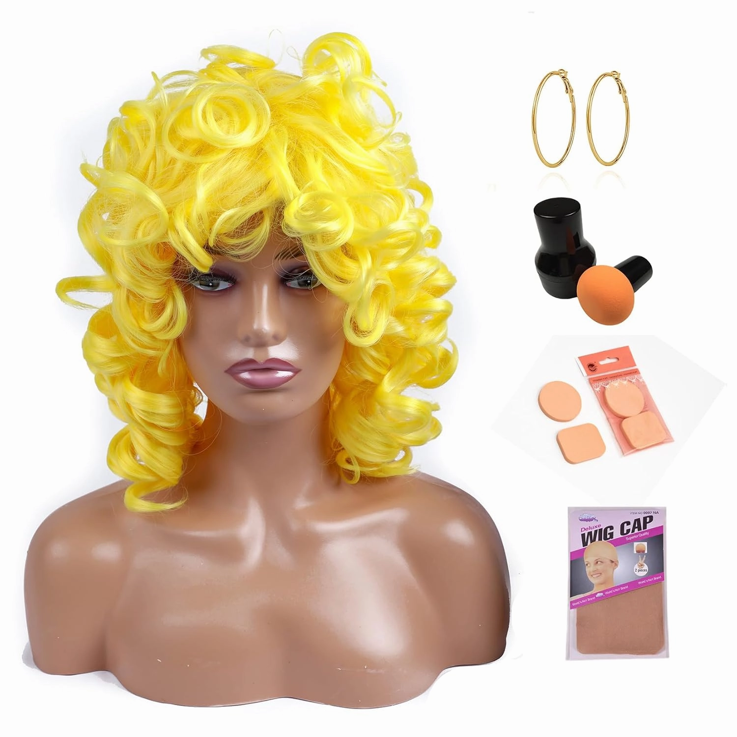 Short Curly Wigs for Black Women Soft Black Big Curly Wig with Bangs Afro Kinky Curls Heat Resistant Natural Looking Synthetic Wig for African American Women (Yellow)