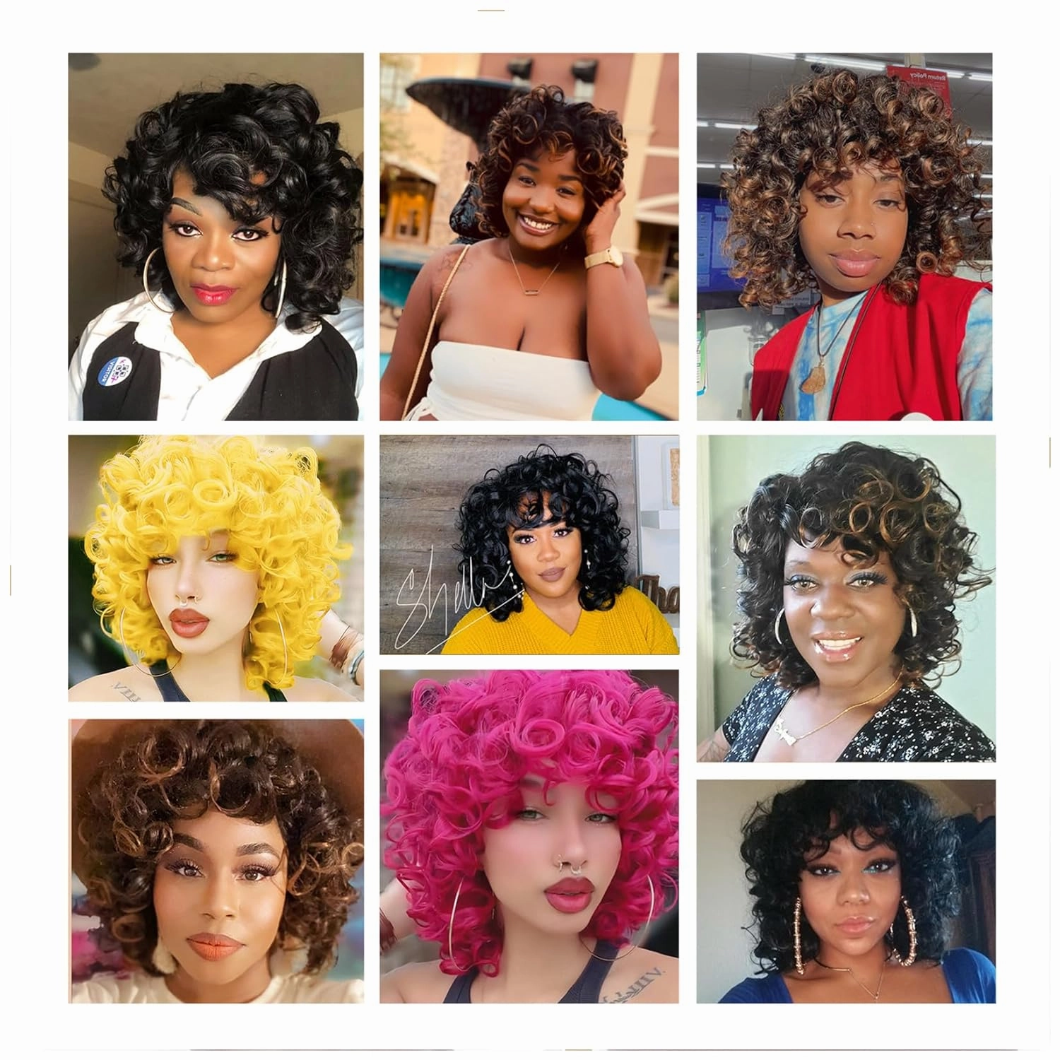 Short Curly Wigs for Black Women Soft Black Big Curly Wig with Bangs Afro Kinky Curls Heat Resistant Natural Looking Synthetic Wig for African American Women (Yellow)