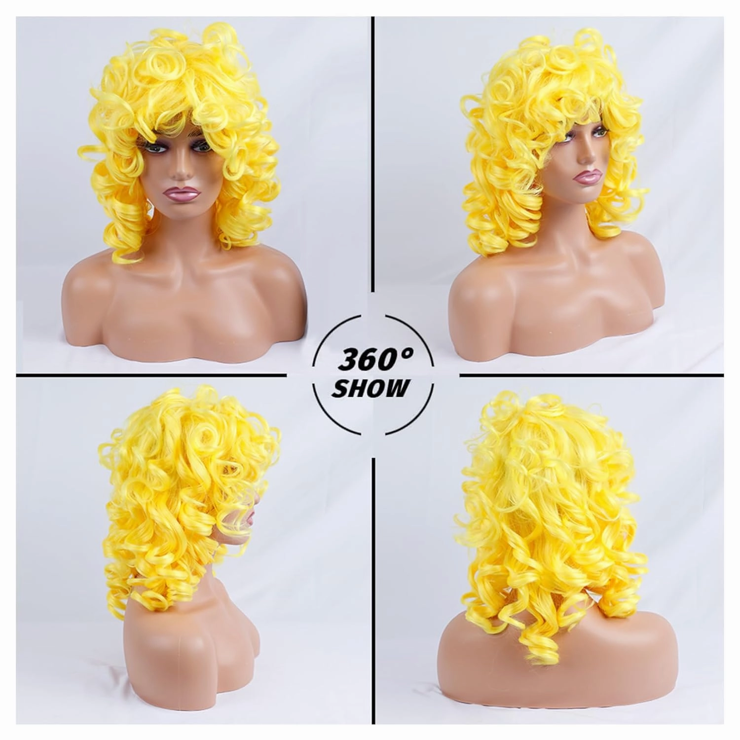 Short Curly Wigs for Black Women Soft Black Big Curly Wig with Bangs Afro Kinky Curls Heat Resistant Natural Looking Synthetic Wig for African American Women (Yellow)