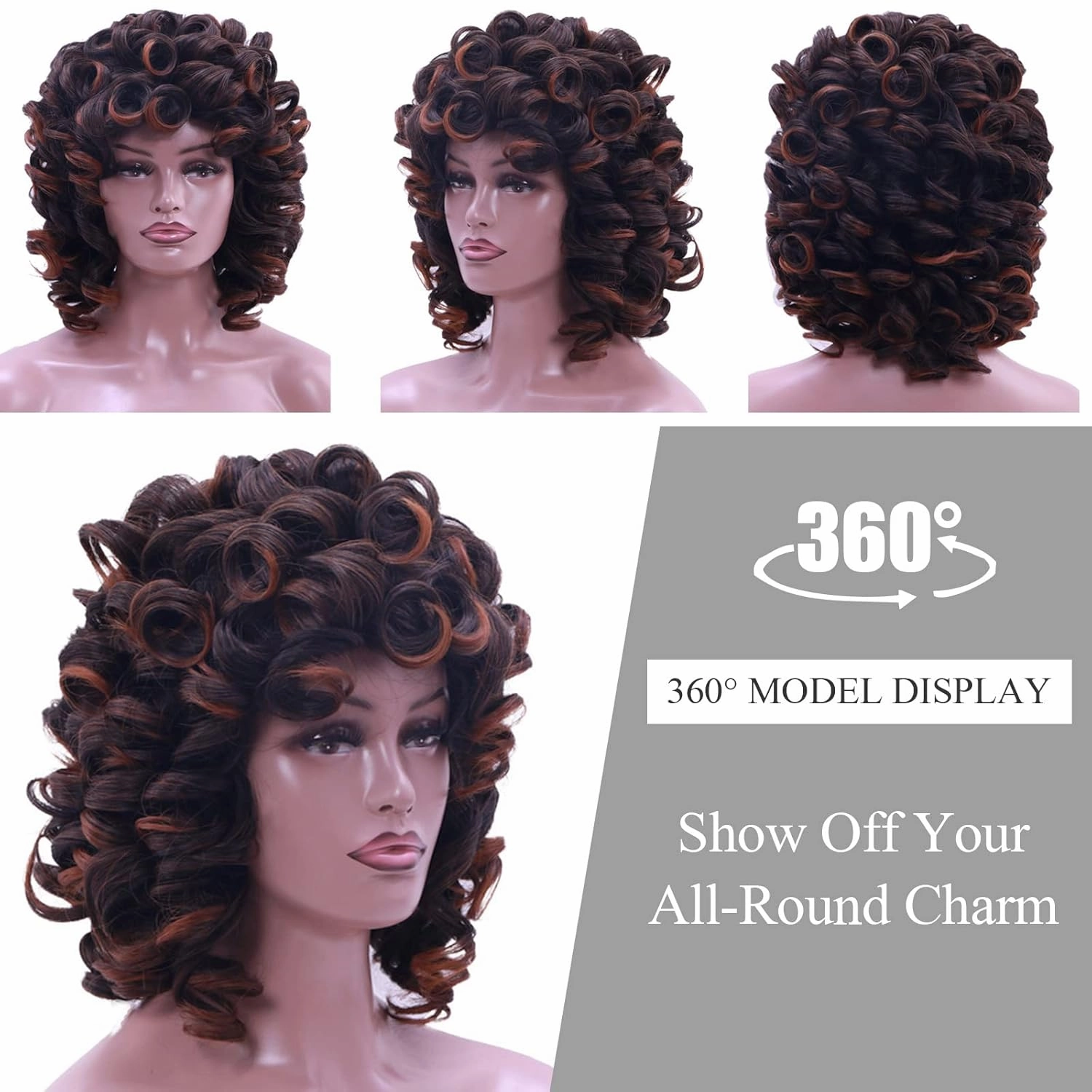 Short Curly Wigs for Black Women Soft Curly Wig with Bangs Afro Kinky Curls Natural Looking1B/30 Wig for African American Women（Ombre Auburn）