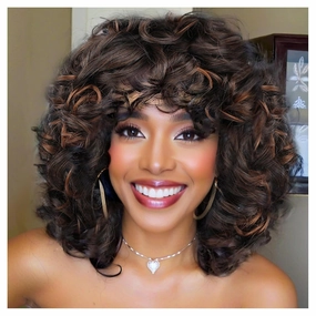 Short Curly Wigs for Black Women Soft Curly Wig with Bangs Afro Kinky Curls Natural Looking1B/30 Wig for African American Women（Ombre Auburn）
