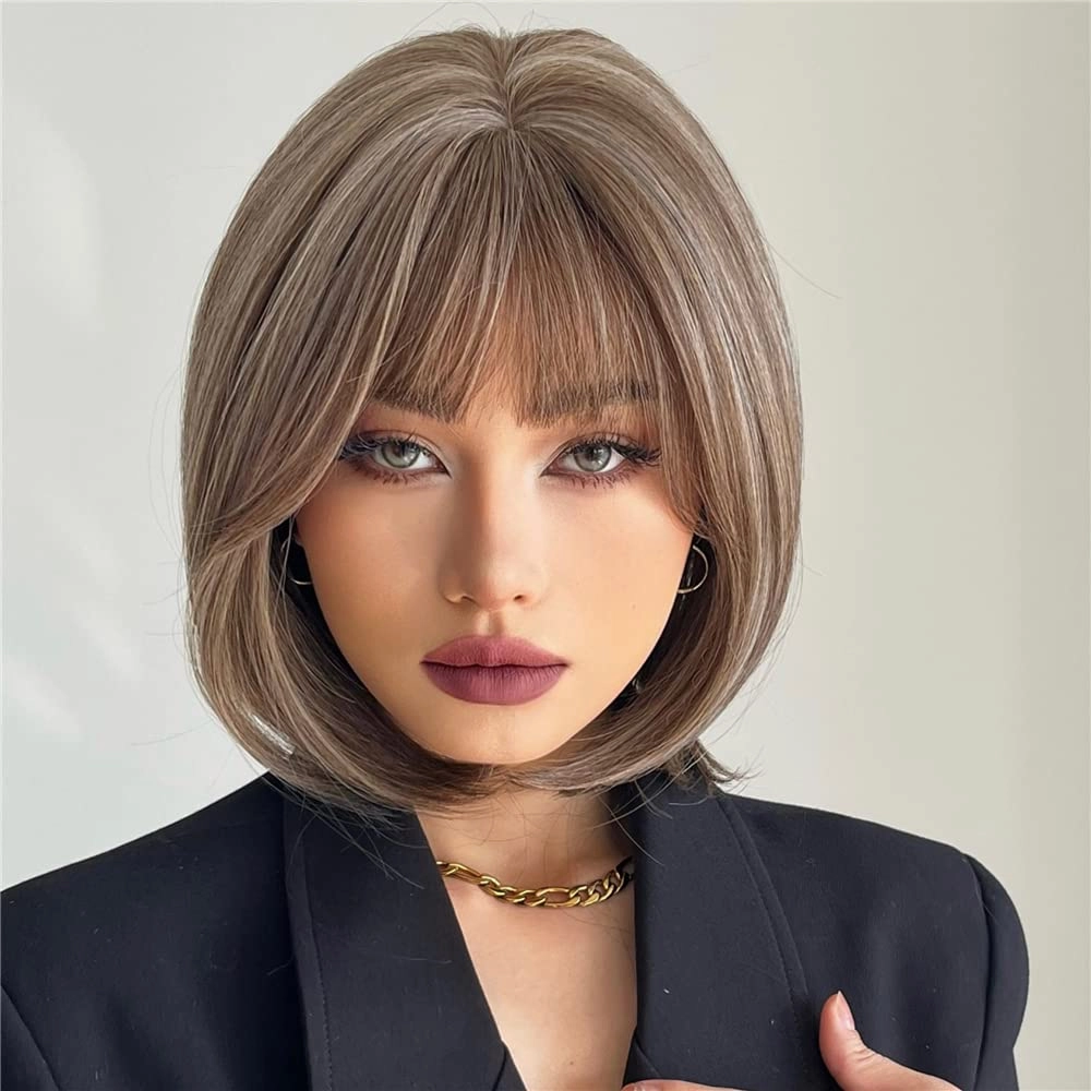 Short Mix Gray Bob Wig with Bangs, Synthetic Wig for Women, Glueless, Super Soft Straight, 150% Density