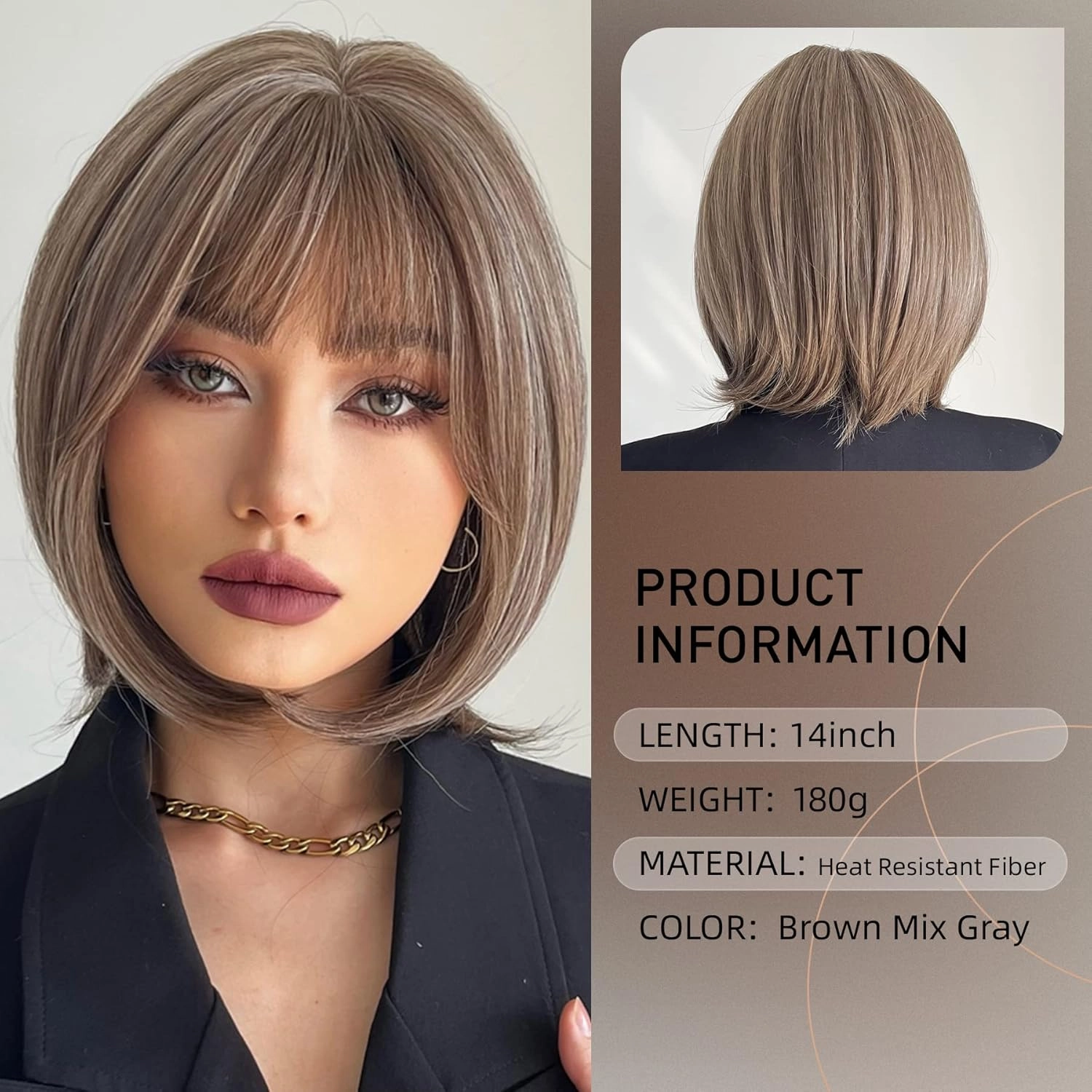 Short Mix Gray Bob Wig with Bangs, Synthetic Wig for Women, Glueless, Super Soft Straight, 150% Density
