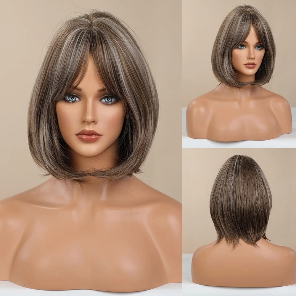 Short Mix Gray Bob Wig with Bangs, Synthetic Wig for Women, Glueless, Super Soft Straight, 150% Density