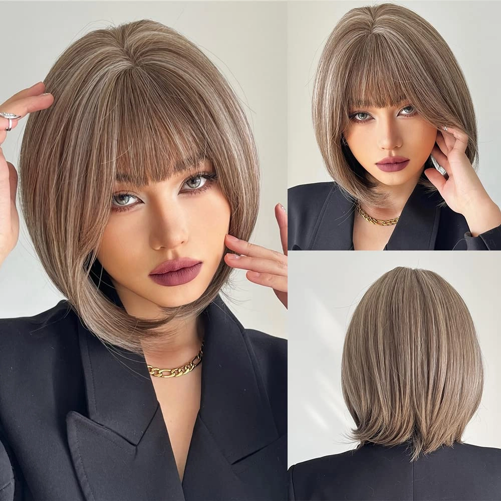 Short Mix Gray Bob Wig with Bangs, Synthetic Wig for Women, Glueless, Super Soft Straight, 150% Density