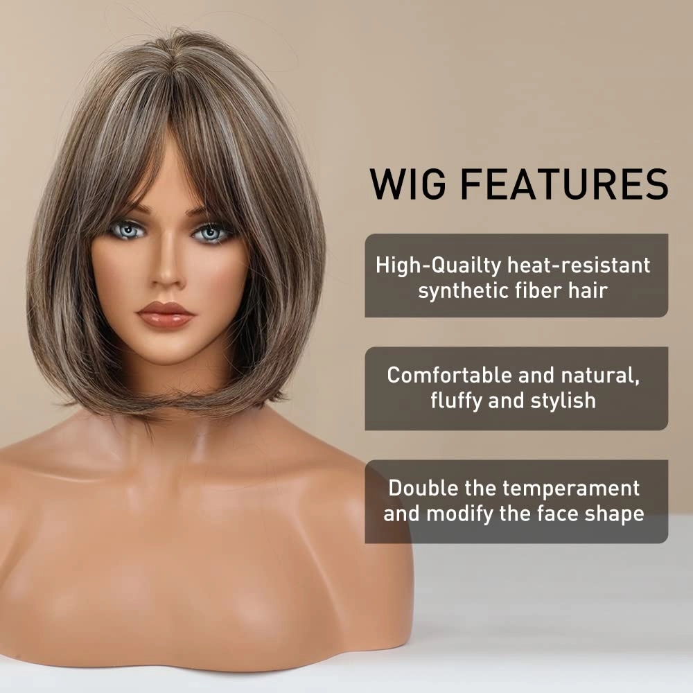 Short Mix Gray Bob Wig with Bangs, Synthetic Wig for Women, Glueless, Super Soft Straight, 150% Density