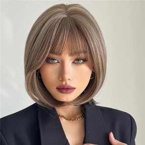 Short Mix Gray Bob Wig with Bangs, Synthetic Wig for Women, Glueless, Super Soft Straight, 150% Density