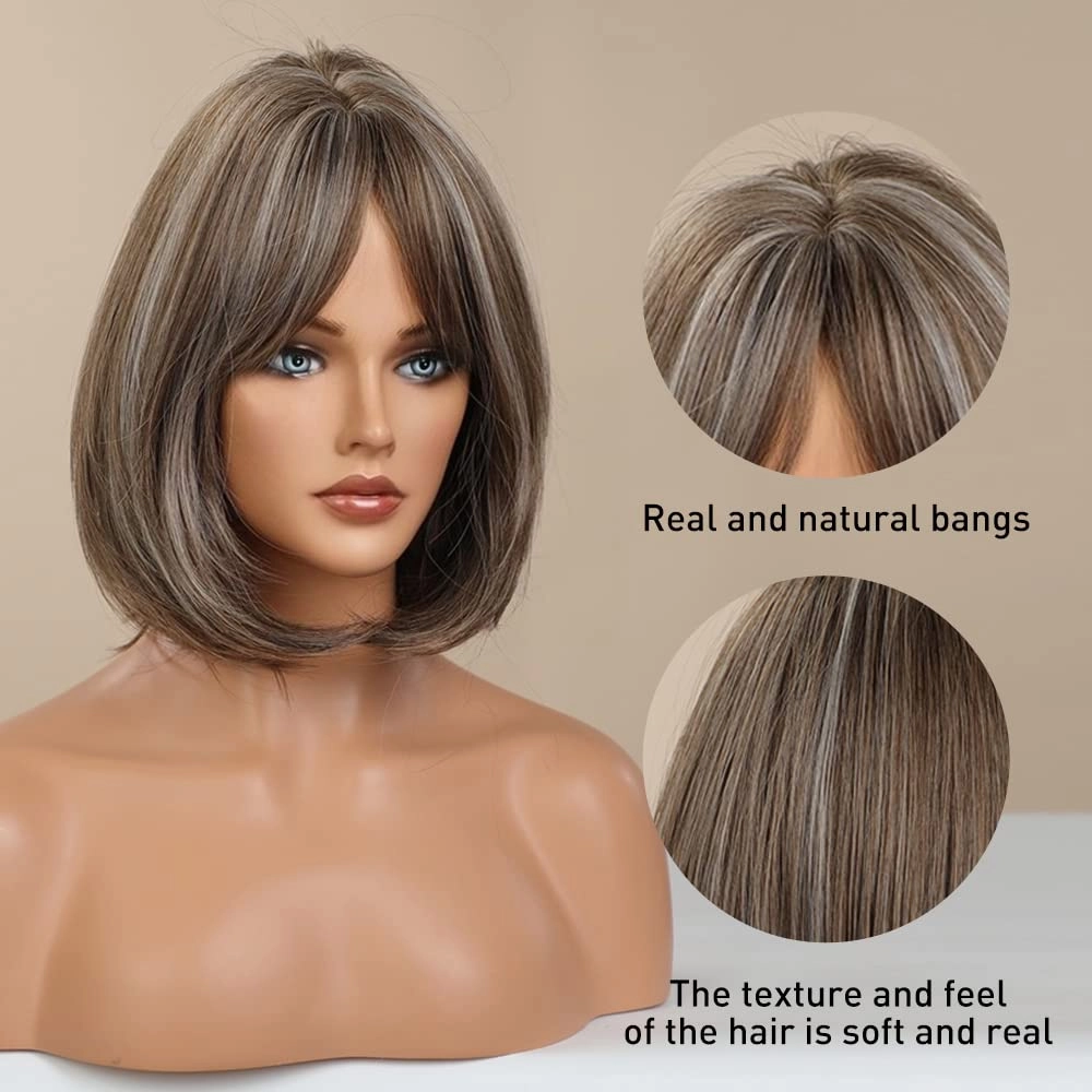 Short Mix Gray Bob Wig with Bangs, Synthetic Wig for Women, Glueless, Super Soft Straight, 150% Density