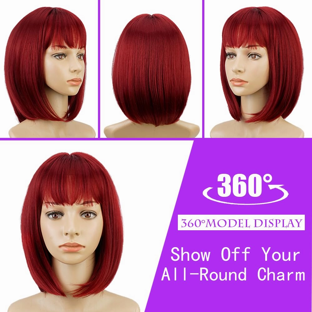 Short Red Bob Wig With Bangs -12 Inch Natural Fashion Bob Wigs for Women, Cute Colored Synthetic Wig for Daily Party Halloween (Red,Burgundy)