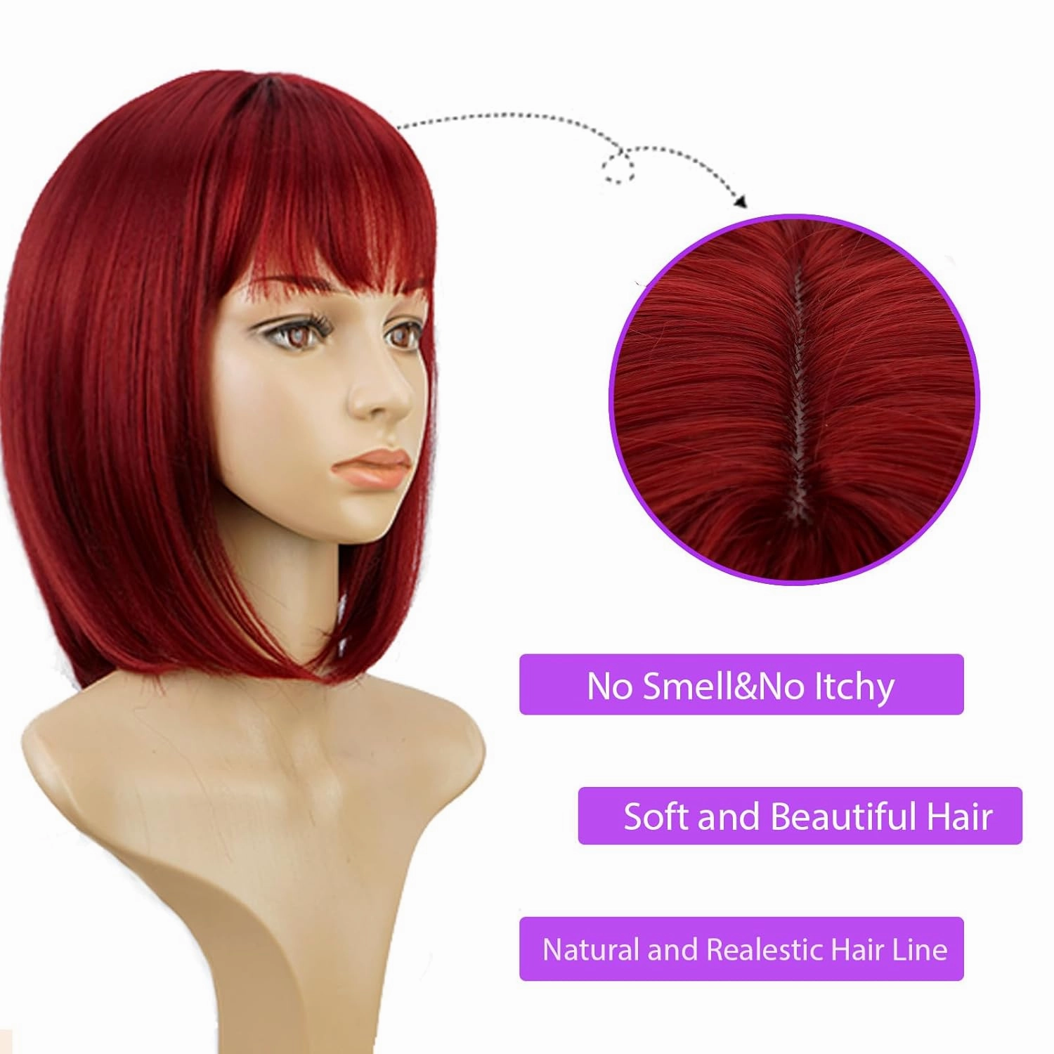 Short Red Bob Wig With Bangs -12 Inch Natural Fashion Bob Wigs for Women, Cute Colored Synthetic Wig for Daily Party Halloween (Red,Burgundy)