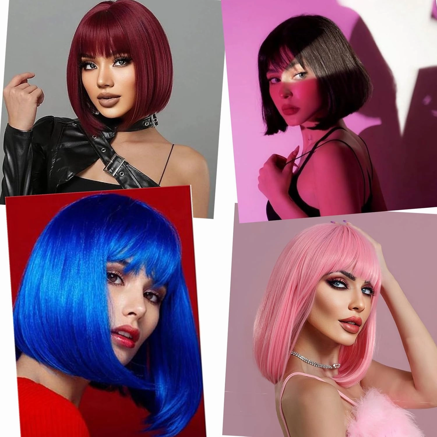 Short Red Bob Wig With Bangs -12 Inch Natural Fashion Bob Wigs for Women, Cute Colored Synthetic Wig for Daily Party Halloween (Red,Burgundy)