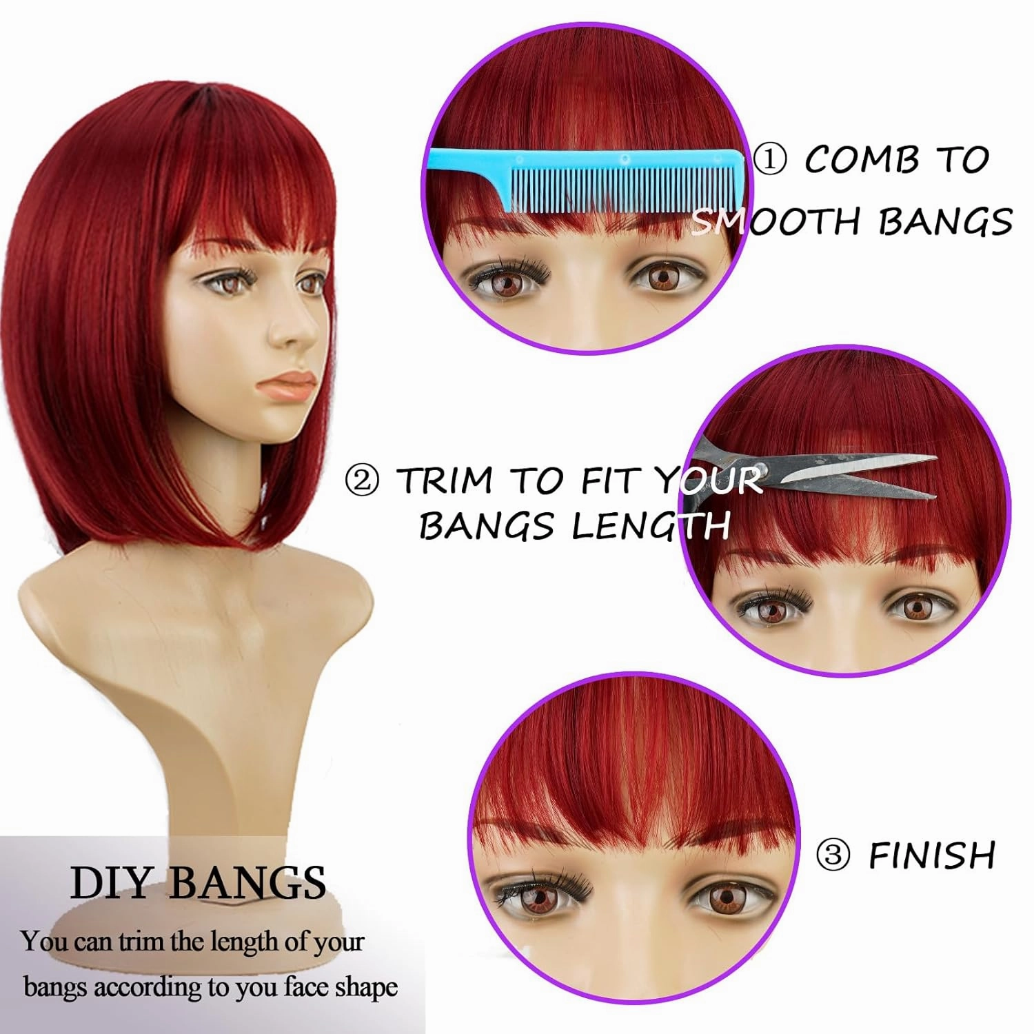 Short Red Bob Wig With Bangs -12 Inch Natural Fashion Bob Wigs for Women, Cute Colored Synthetic Wig for Daily Party Halloween (Red,Burgundy)