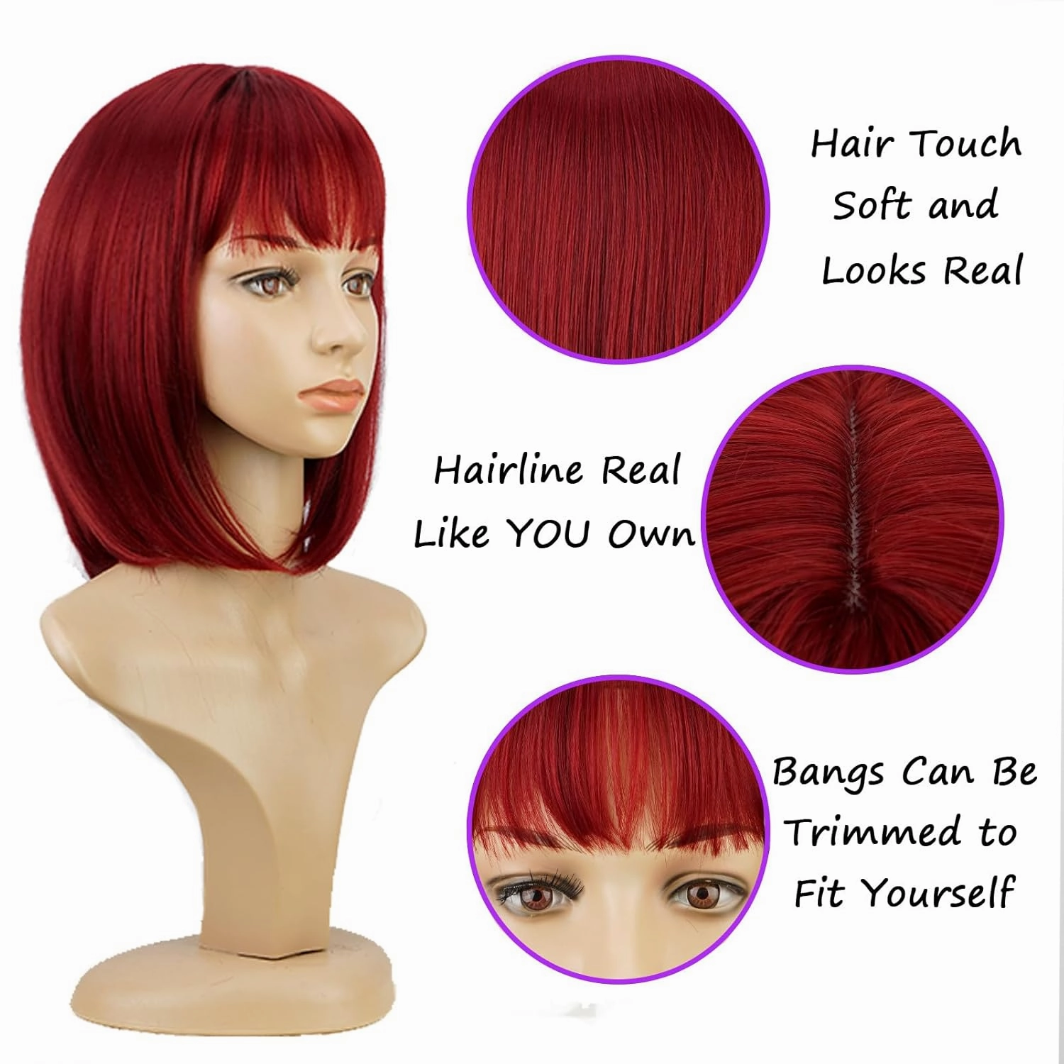 Short Red Bob Wig With Bangs -12 Inch Natural Fashion Bob Wigs for Women, Cute Colored Synthetic Wig for Daily Party Halloween (Red,Burgundy)