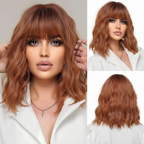 Short Wave Auburn Bob Wigs With Bangs Shoulder Length Wig Curly Wavy Synthetic Cosplay Wigs for Women-14 Inches