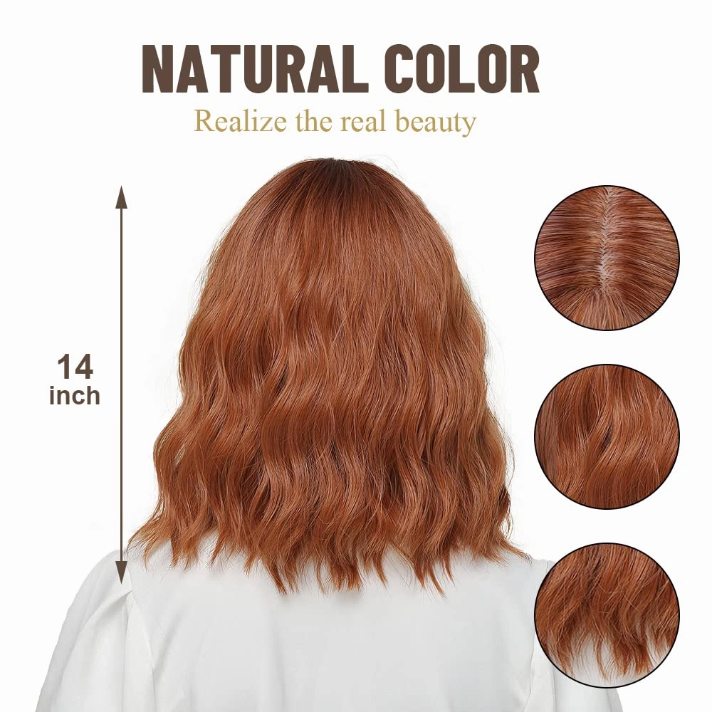 Short Wave Auburn Bob Wigs With Bangs Shoulder Length Wig Curly Wavy Synthetic Cosplay Wigs for Women-14 Inches