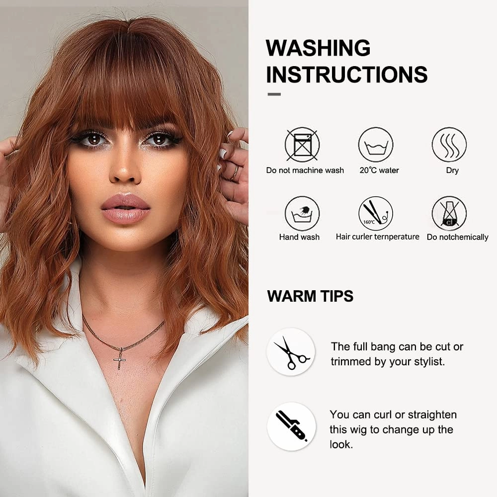 Short Wave Auburn Bob Wigs With Bangs Shoulder Length Wig Curly Wavy Synthetic Cosplay Wigs for Women-14 Inches