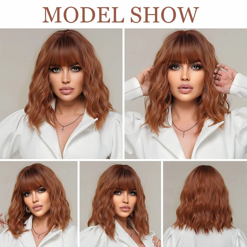 Short Wave Auburn Bob Wigs With Bangs Shoulder Length Wig Curly Wavy Synthetic Cosplay Wigs for Women-14 Inches