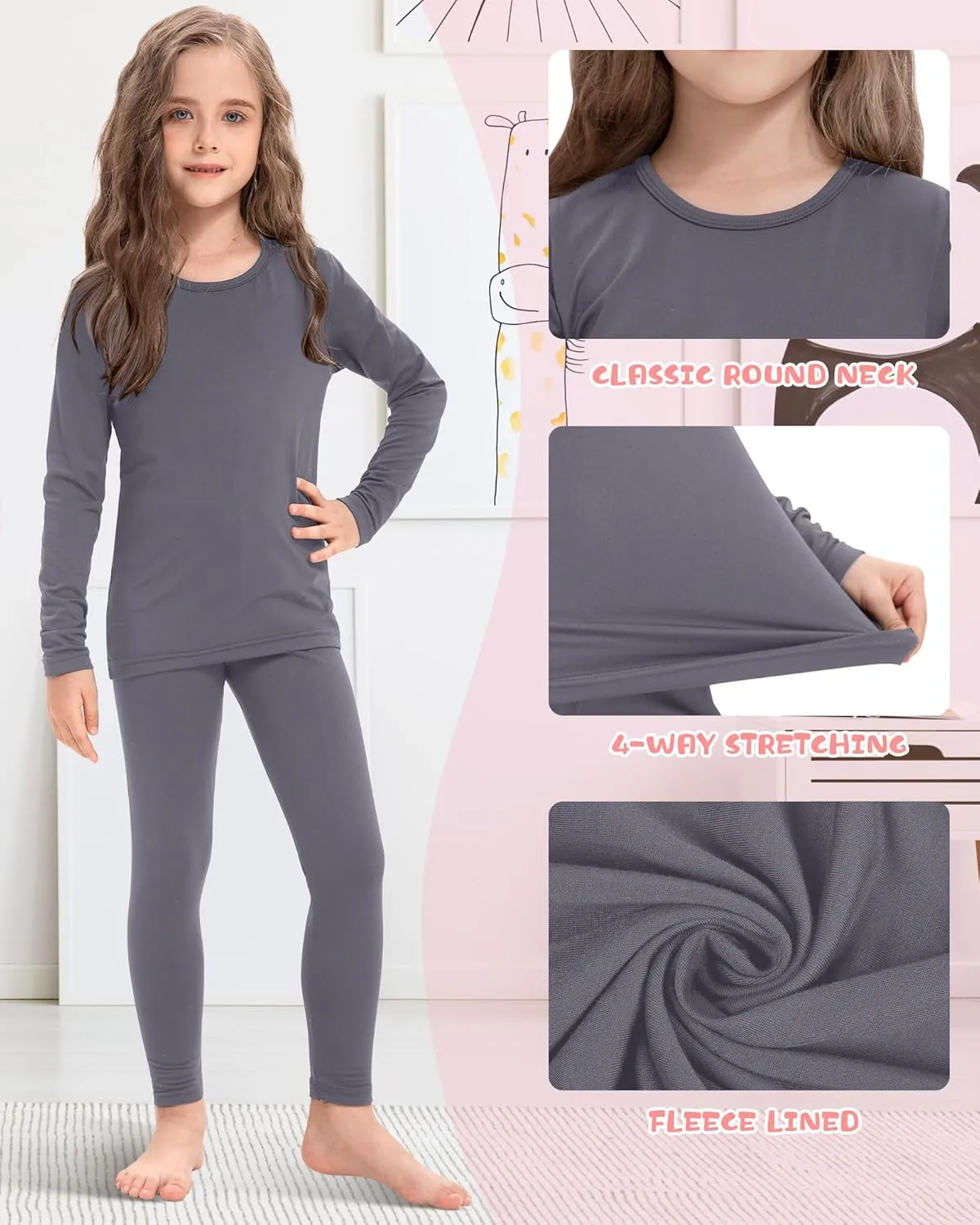 Silkfly 2 Pack Girls Thermal Underwear Set Fleece Lined Thermals Top and Bottom Base Layer for Girls Winter