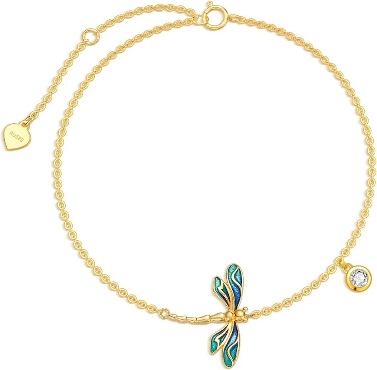 SISGEM Real 14k Gold Dragonfly Ankle Bracelet for Women, Solid 14 Karat Gold Animal Lover Anklet Jewelry Gifts for Her, 9.4" 0.8" 0.8"