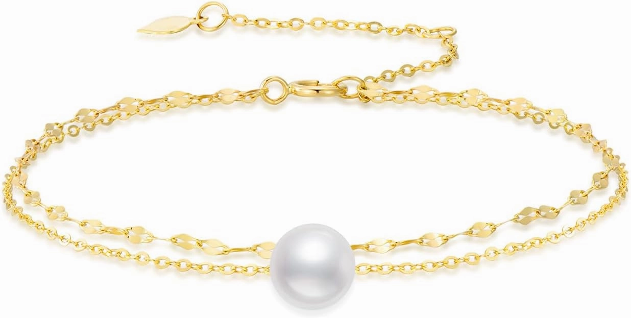 SISGEM 14k Gold Freshwater Cultured Pearl Layered Anklet, Ankle Bracelet for Women, 9.4-11 inches