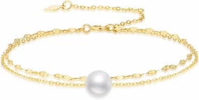 SISGEM 14k Gold Freshwater Cultured Pearl Layered Anklet, Ankle Bracelet for Women, 9.4-11 inches