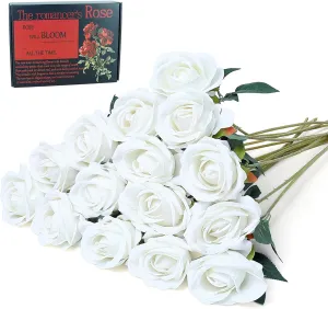 SITUMEIZI 15PCS White Artificial Roses Silk Flowers Fake Roses Realistic Bouquet Long Stem with Gift Box for Mother's Gift Day Home Party Wedding Decorations