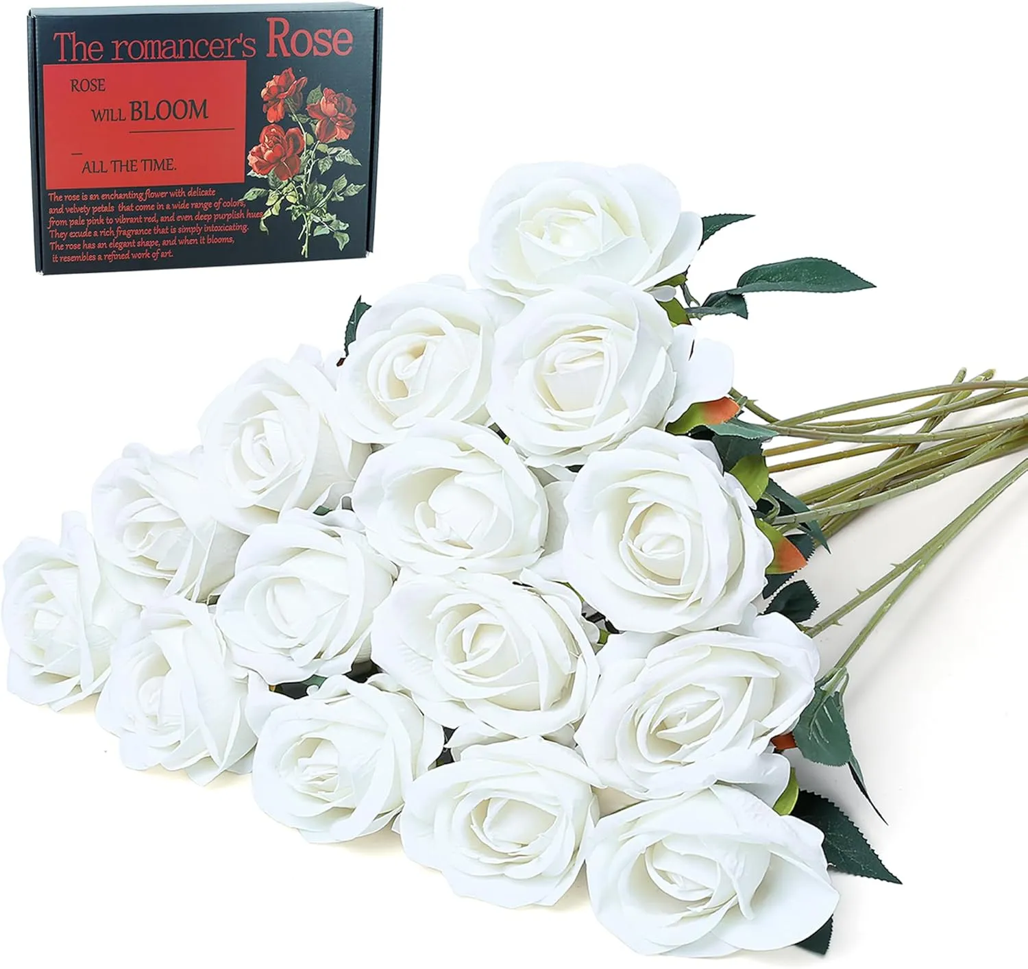 SITUMEIZI 15PCS White Artificial Roses Silk Flowers Fake Roses Realistic Bouquet Long Stem with Gift Box for Mother's Gift Day Home Party Wedding Decorations