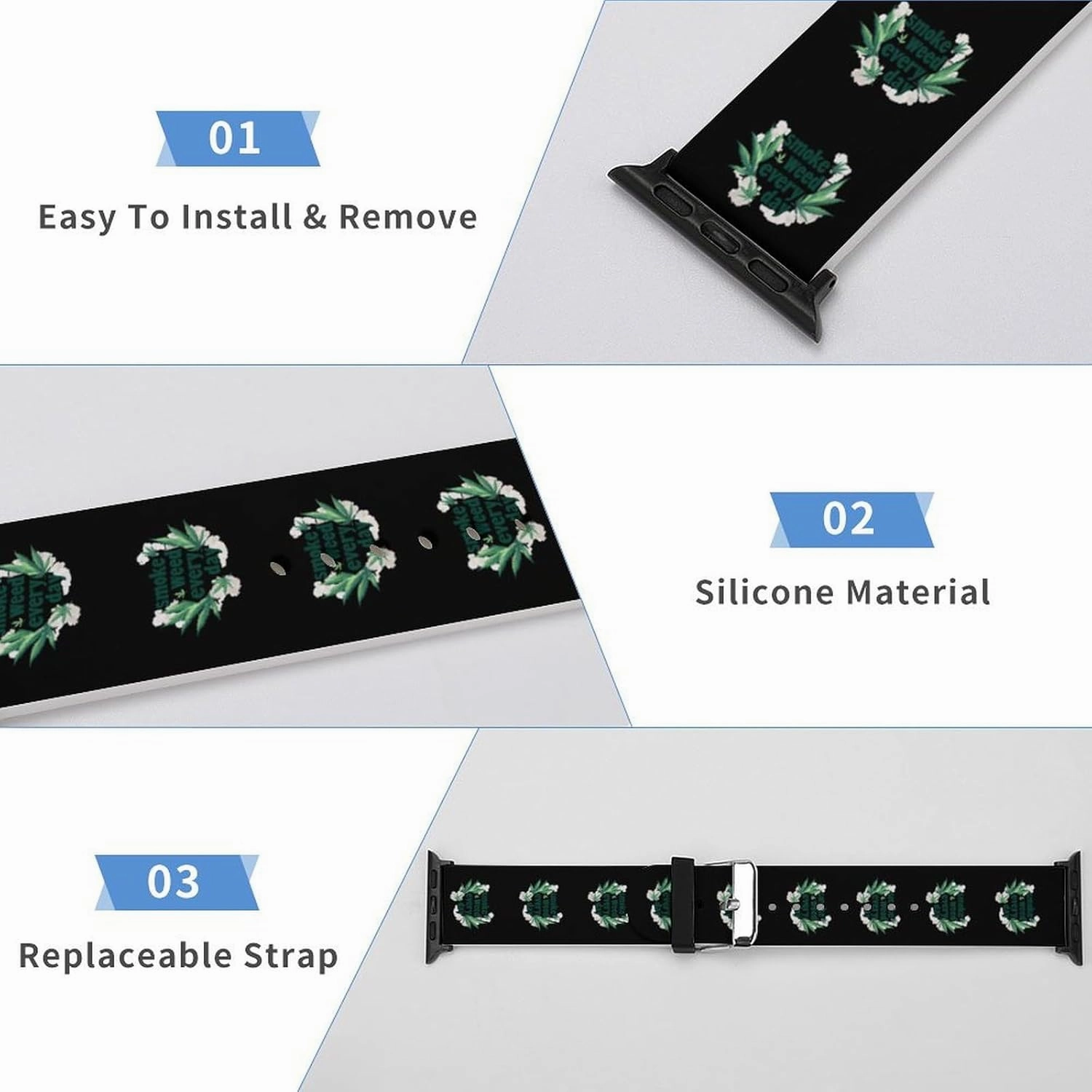 Smoke Weeds Every Day Adjustable Silicone Watchband Compatible with IWatch Classic Soft Sports Watch Strap for Men Women