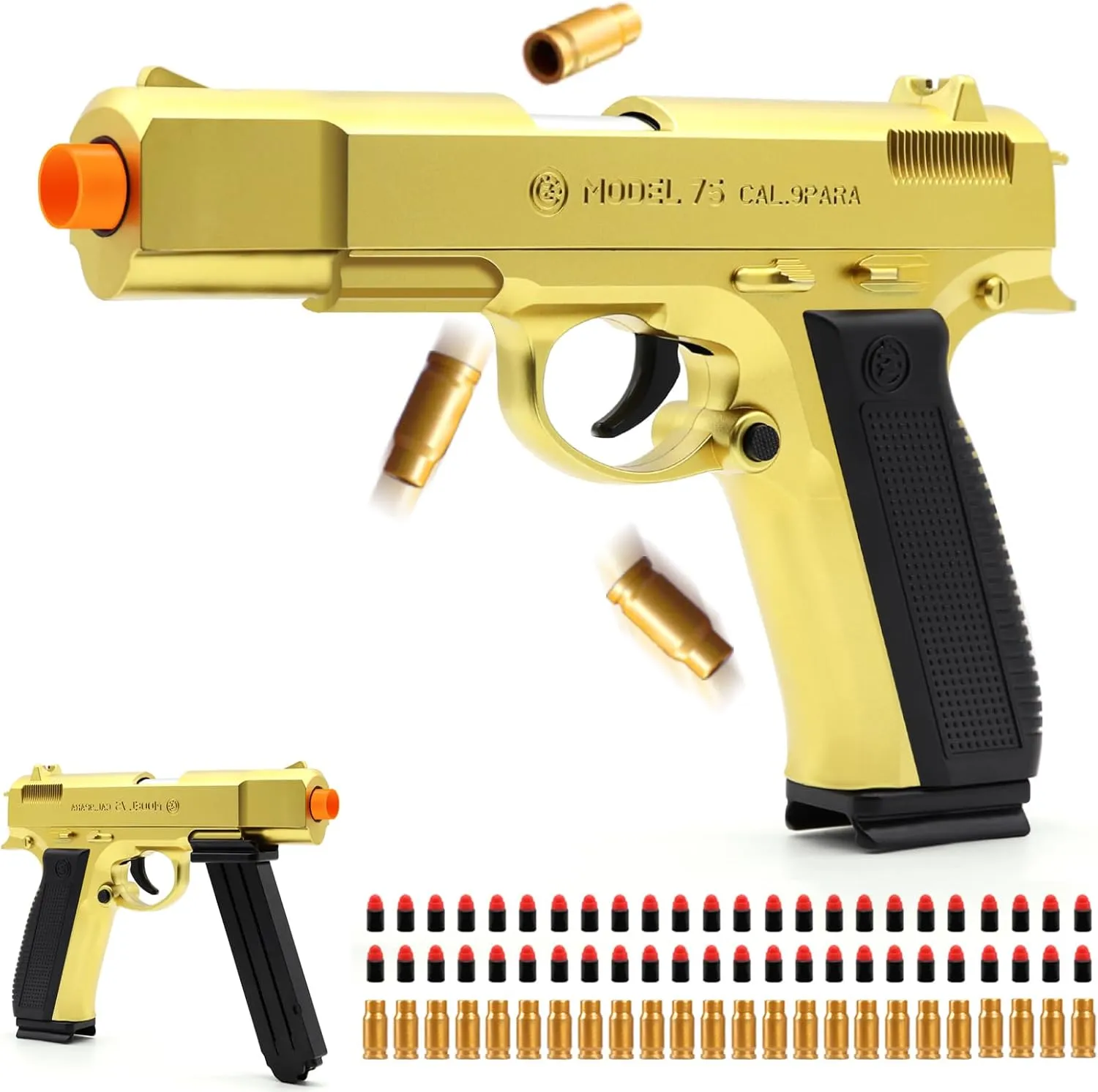 Soft Bullet Toy Gun Shell Ejecting with 48 Bullets, Gold Toy Guns for Boys, Toy Pistol Fidget Gun, Realistic Play Gun Model, Halloween Christmas Birthday Gifts for Boys Kids Adults Age 8 