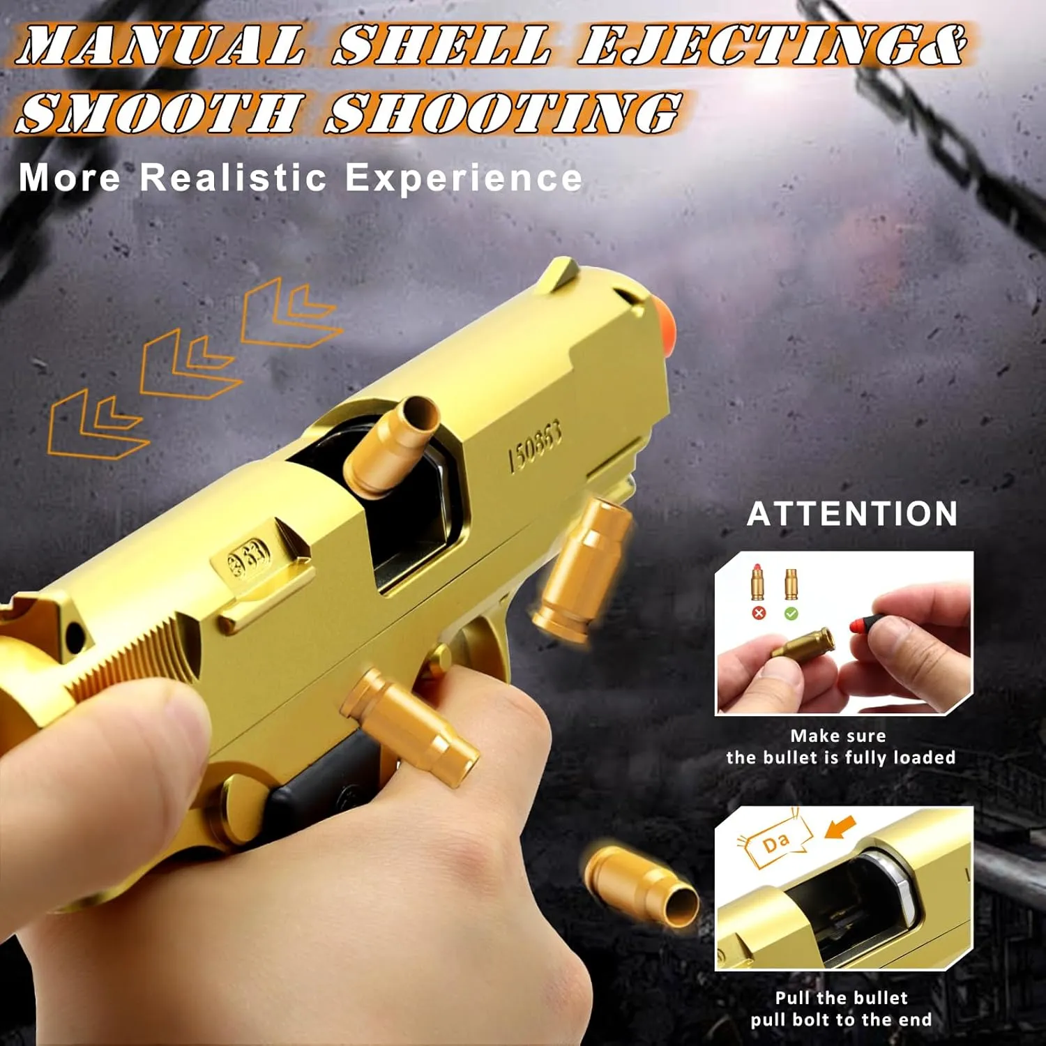 Soft Bullet Toy Gun Shell Ejecting with 48 Bullets, Gold Toy Guns for Boys, Toy Pistol Fidget Gun, Realistic Play Gun Model, Halloween Christmas Birthday Gifts for Boys Kids Adults Age 8 