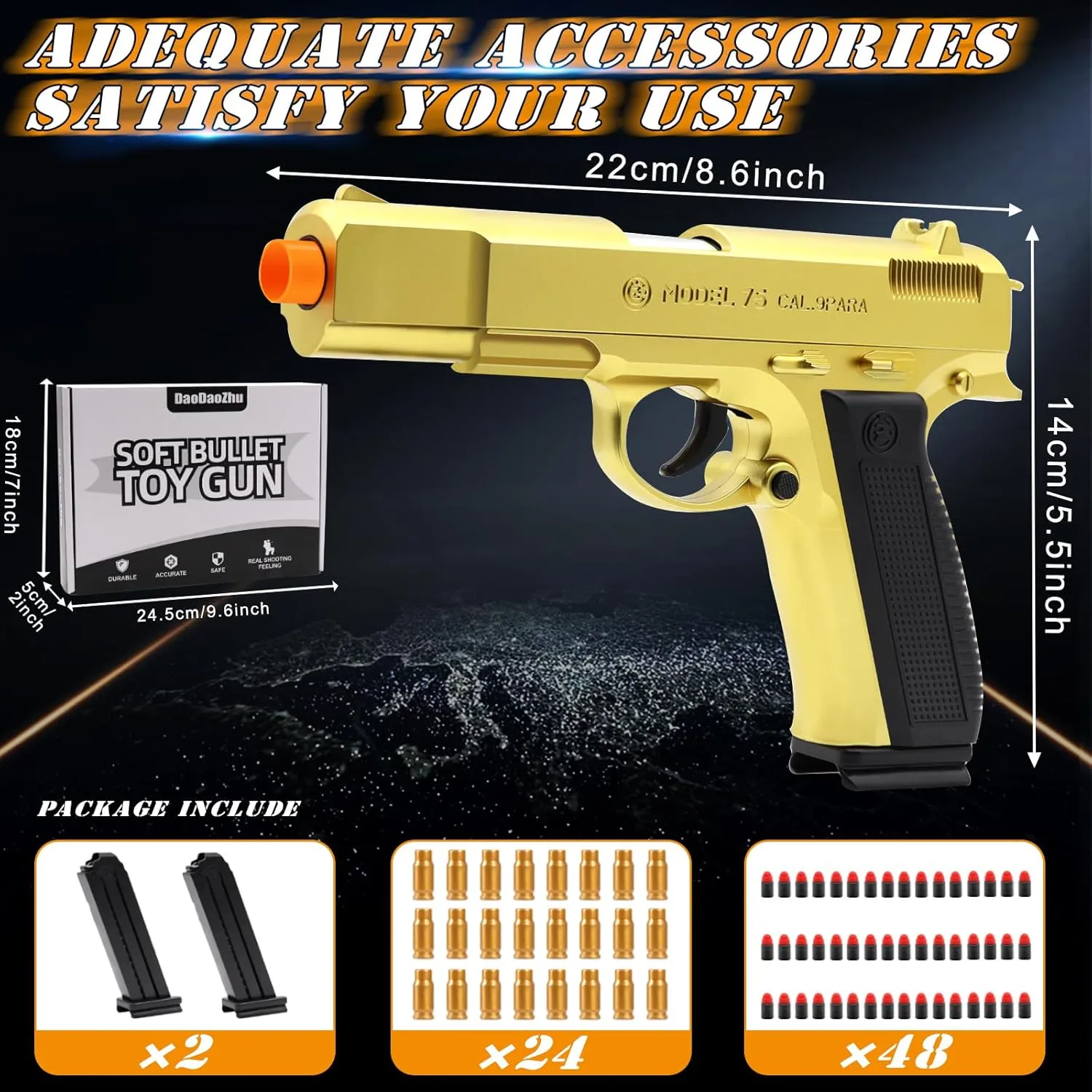 Soft Bullet Toy Gun Shell Ejecting with 48 Bullets, Gold Toy Guns for Boys, Toy Pistol Fidget Gun, Realistic Play Gun Model, Halloween Christmas Birthday Gifts for Boys Kids Adults Age 8 
