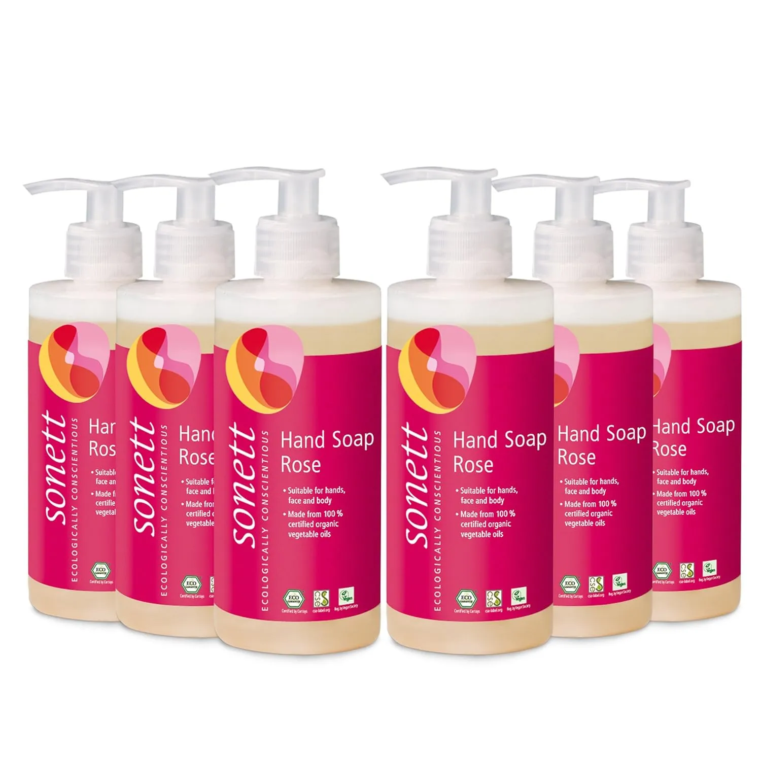 Sonett Organic Hand Liquid Soap Rose body care suitable for hands, face and body (Rose, 6 Count) Certified Organically Grown