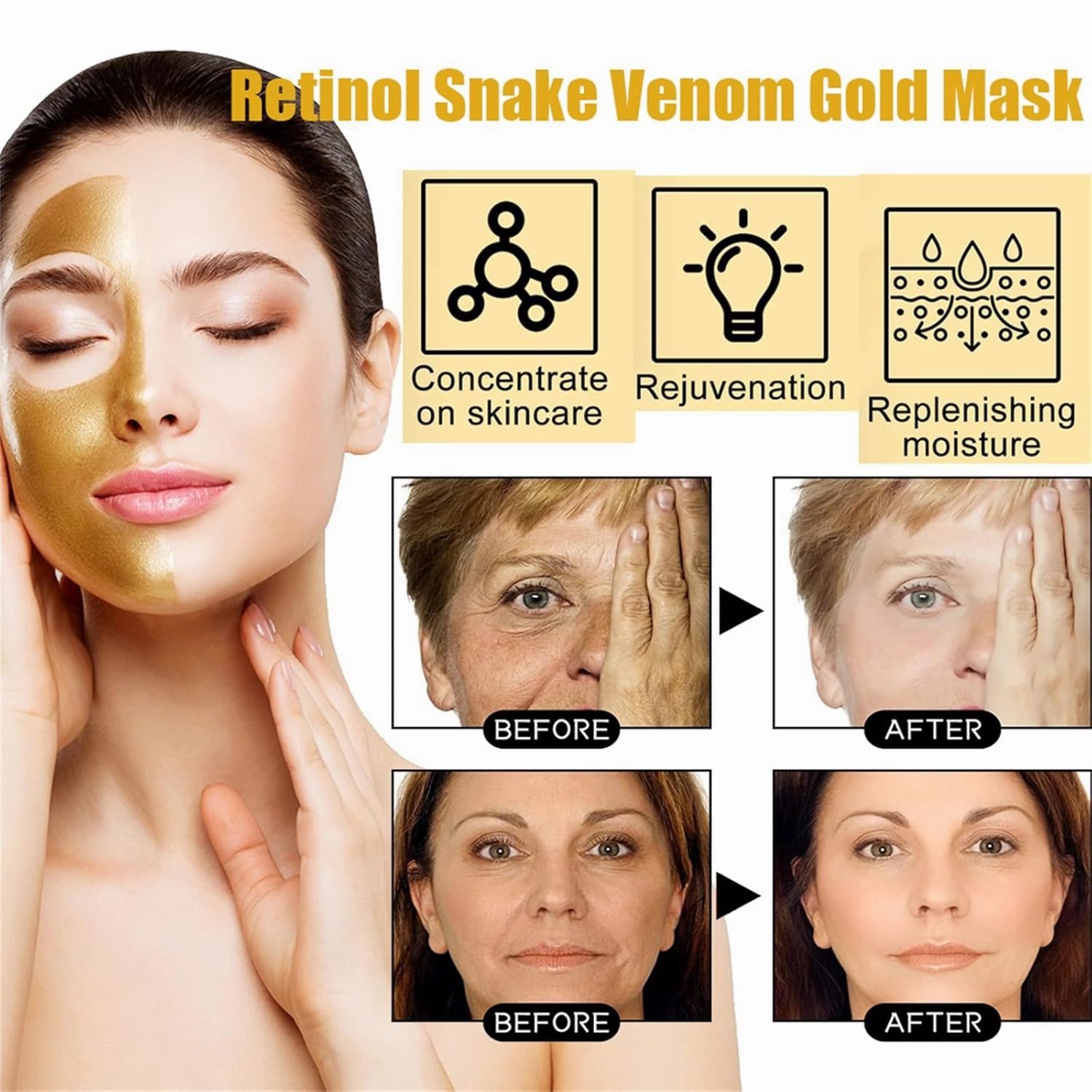 Southeasty Retinol Snake Venom Gold Mask, Gold Peel off Face Mask, Retinol Snake Venom Peptide Gold Mask, Anti-Aging Gold Face Mask for Blackheads and Pores Moisturizing Oil Control (3PCS)