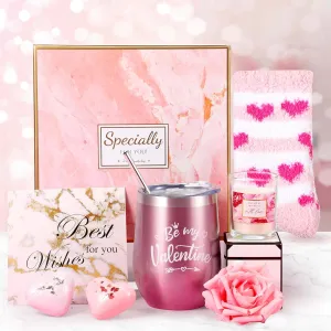 Spa Basket for Women Relaxing Spa Box Set for Her Tumbler Socks Pink Flower Bath Bombs for Wife Mom Girlfriend Grandma Sister Friend
