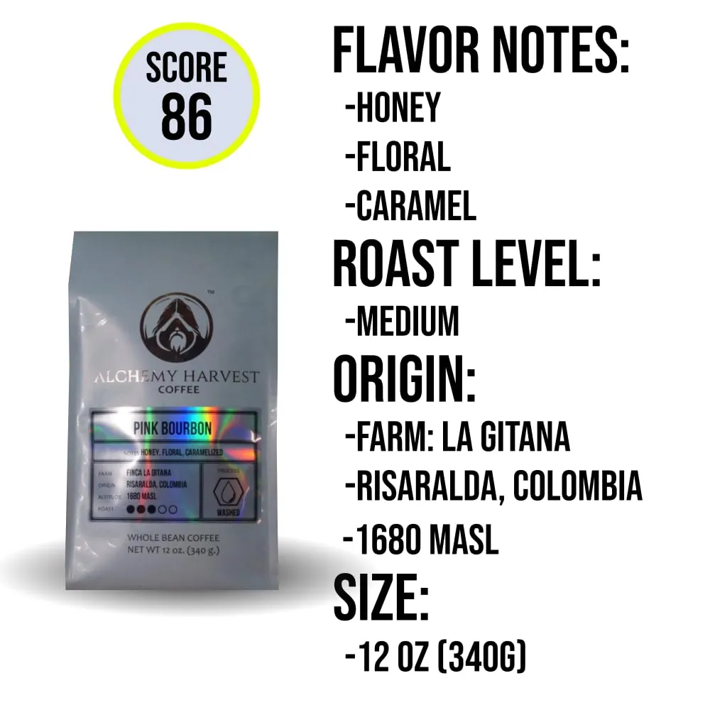 Specialty Grade Colombian Coffee – Pink Bourbon, Washed Process, Medium Roast, Whole Bean, Mold-Free, Small Batch, Sourced from Independent Farms (12 oz, Pink Bourbon – Washed Process Medium Roast)