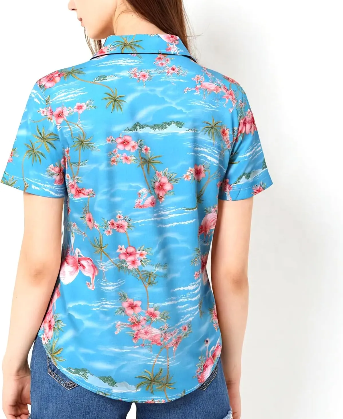 SSLR Hawaiian Shirts for Women Flamingo Shirt Tropical Shirts for Women Summer Casual Short Sleeve