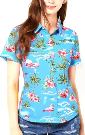 SSLR Hawaiian Shirts for Women Flamingo Shirt Tropical Shirts for Women Summer Casual Short Sleeve